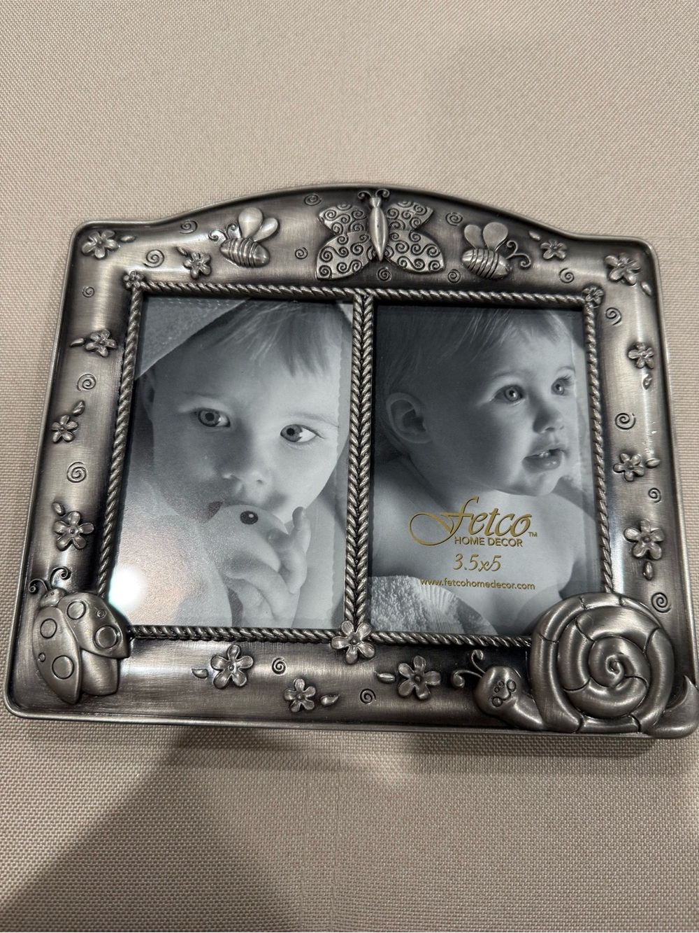 Fetco Metallic Silver Dual Photo Frame with Floral & Insect Accents
